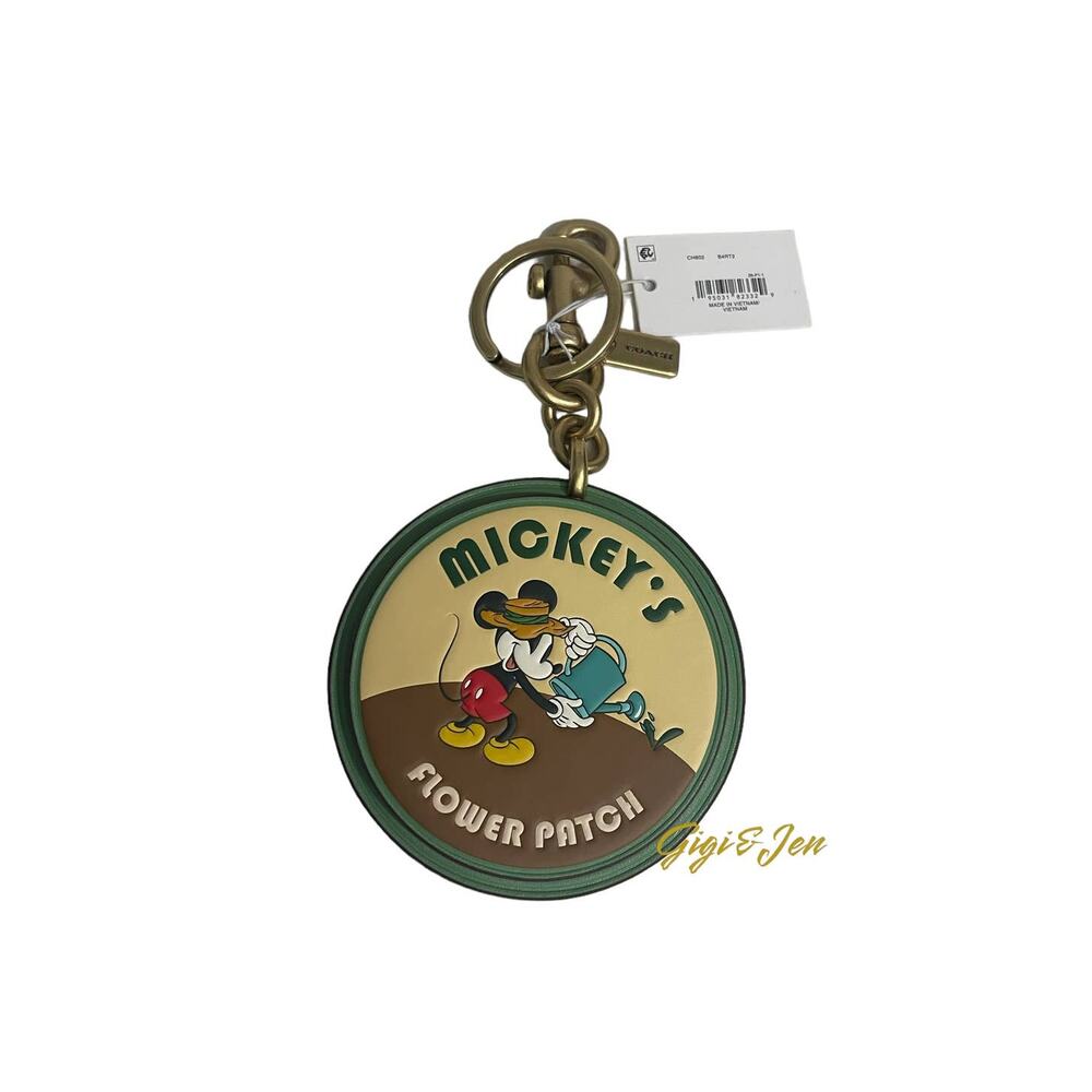 Coach X Disney Mickey’s Flower Patch Bag Charm Keychain Brass Soft Green